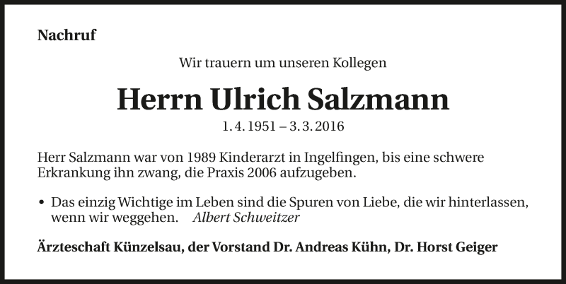  Traueranzeige für Ulrich Salzmann vom 24.03.2016 aus 