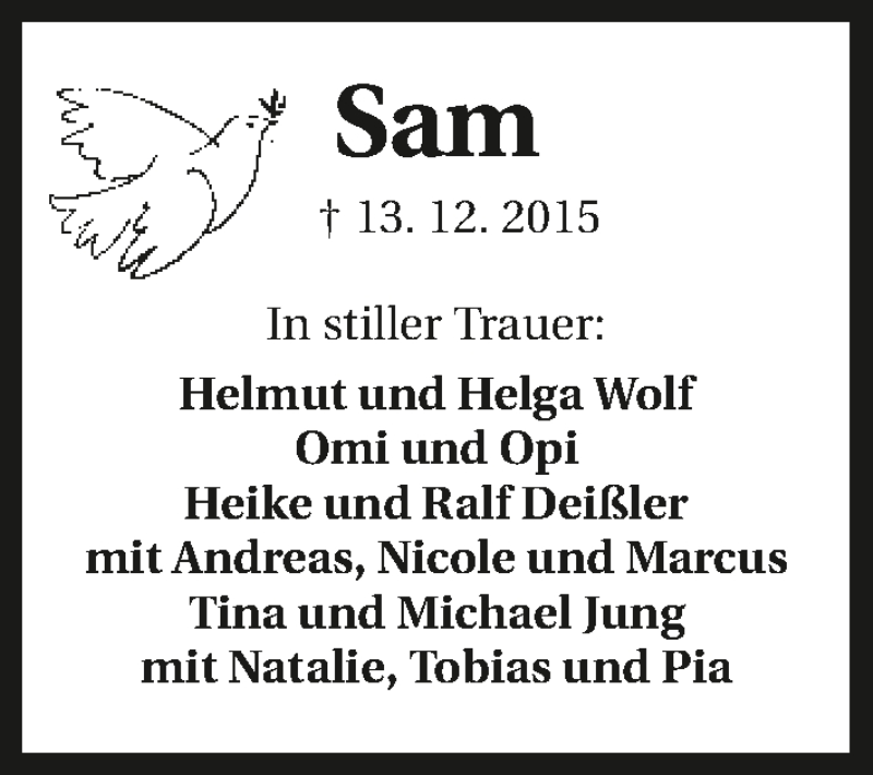  Traueranzeige für Sam  vom 17.12.2015 aus 