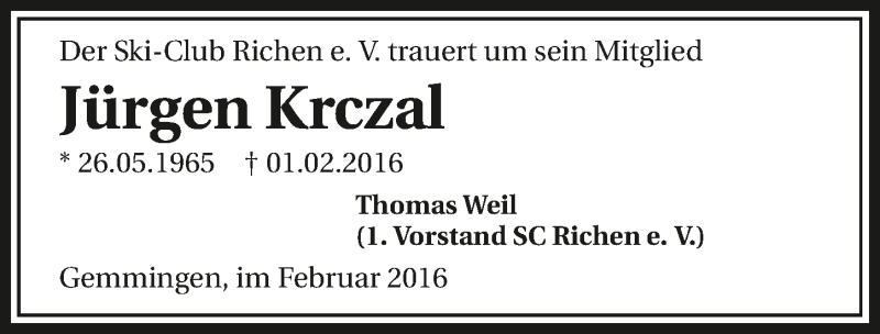  Traueranzeige für Jürgen Krczal vom 06.02.2016 aus 
