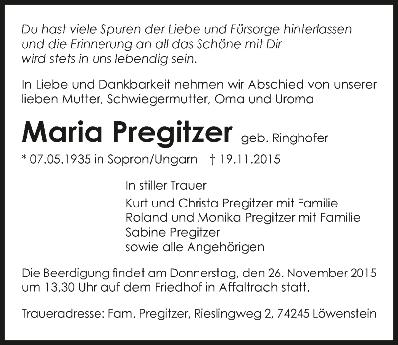  Traueranzeige für Maria Pregitzer vom 21.11.2015 aus 