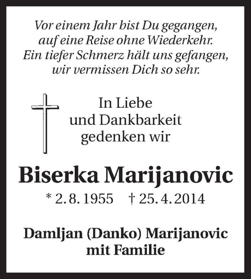  Traueranzeige für Biserka Marijanovic vom 25.04.2015 aus 