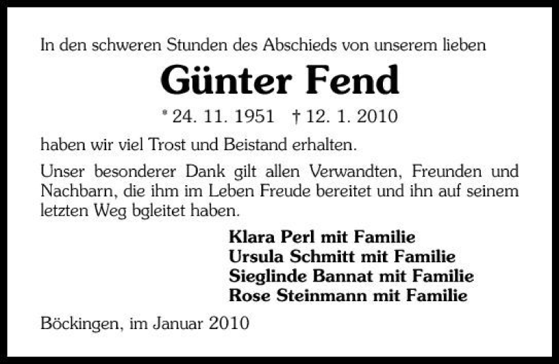  Traueranzeige für Günter Fend vom 27.01.2010 aus 