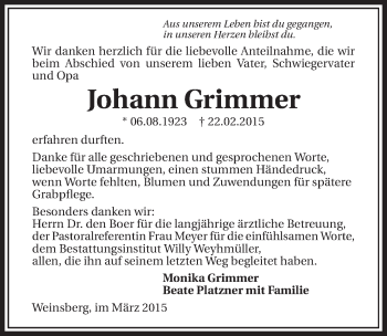 Traueranzeige von Johann Grimmer 