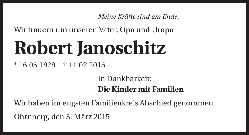  Traueranzeige für Robert Janoschitz vom 05.03.2015 aus 