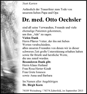 Traueranzeige von Otto Oechsler 