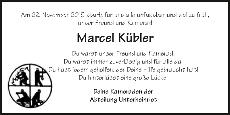  Traueranzeige für Marcel Kübler vom 27.11.2015 aus 