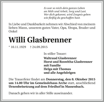 Traueranzeige von Willi Glasbrenner 