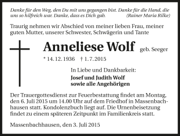Traueranzeige von Anneliese Wolf 