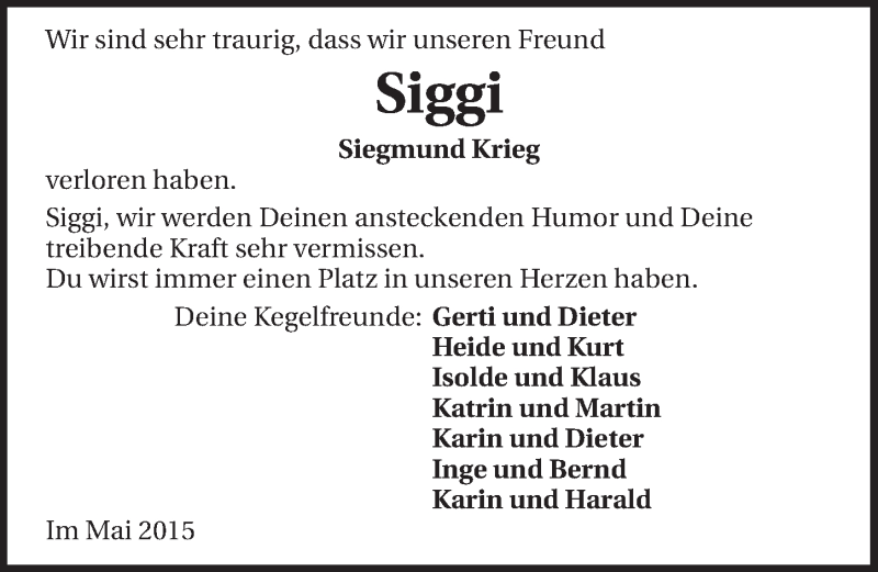  Traueranzeige für Siegmund Krieg vom 23.05.2015 aus 