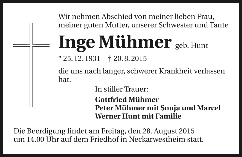  Traueranzeige für Inge Mühmer vom 25.08.2015 aus 