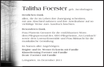Traueranzeige von Talitha Foerster 