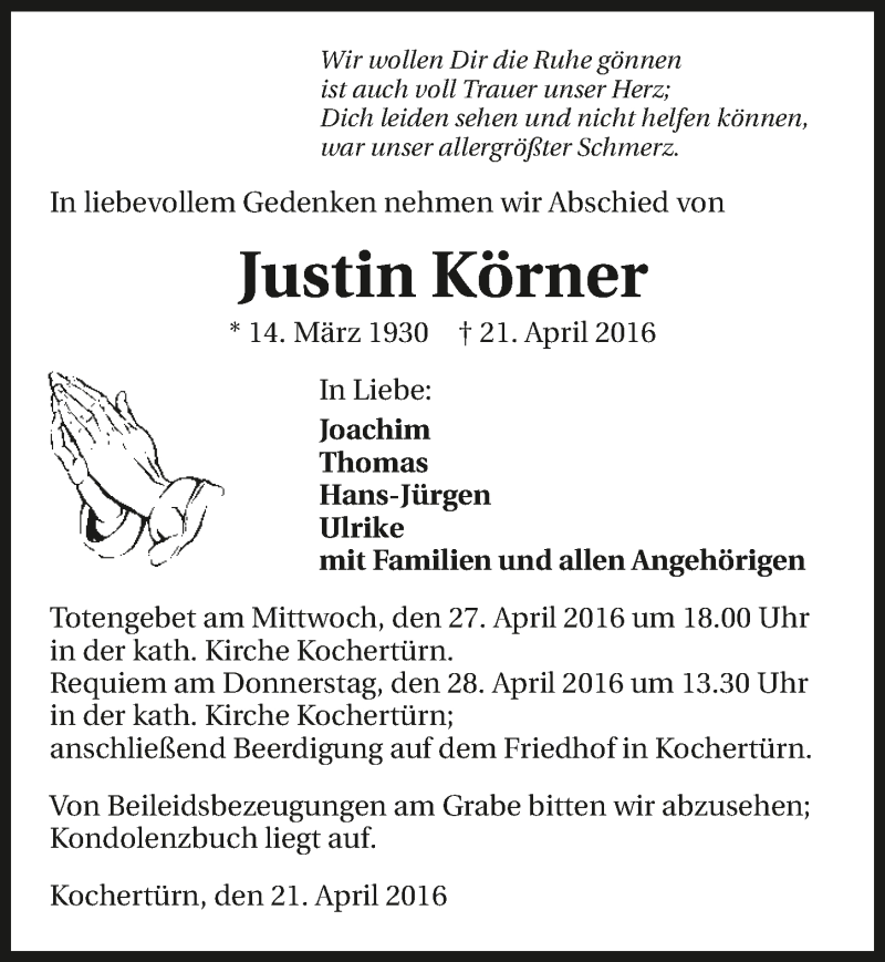  Traueranzeige für Justin Körner vom 25.04.2016 aus 