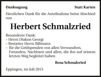 Traueranzeige von Herbert Schmalzried 