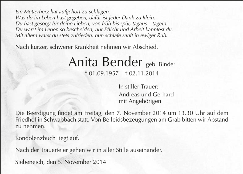  Traueranzeige für Anita Bender vom 05.11.2014 aus 