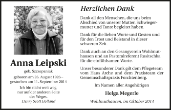 Traueranzeige von Anna Leipski 
