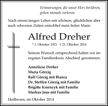 Traueranzeige von Alfred Dreher 