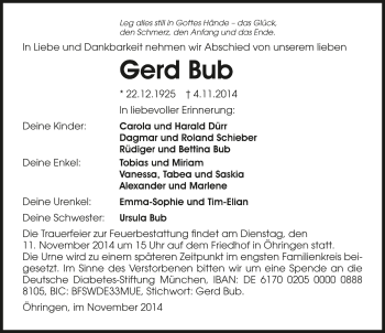 Traueranzeige von Gerd Bub 
