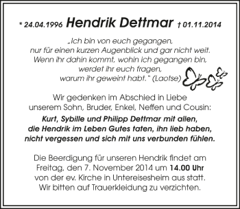 Traueranzeige von Hendrik Dettmar 