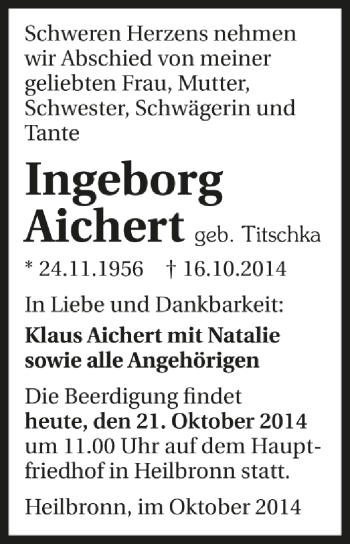 Traueranzeige von Ingeborg Aichert 