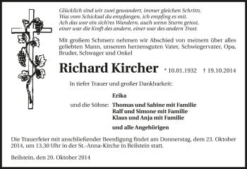 Traueranzeige von Richard Kircher 