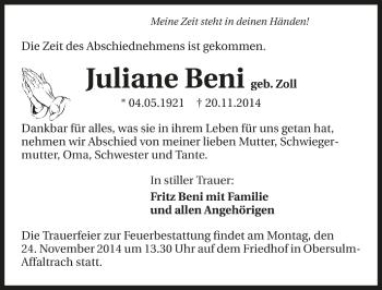 Traueranzeige von Juliane Beni 