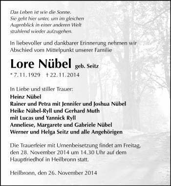 Traueranzeige von Lore Nübel 