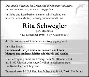 Traueranzeige von Rita Schwegler 