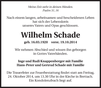 Traueranzeige von Wilhelm Schade 