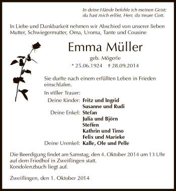 Traueranzeige von Emma Müller 
