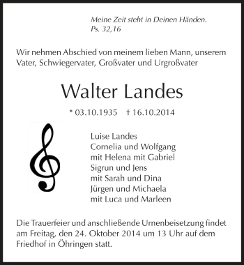 Traueranzeige von Walter Landes 