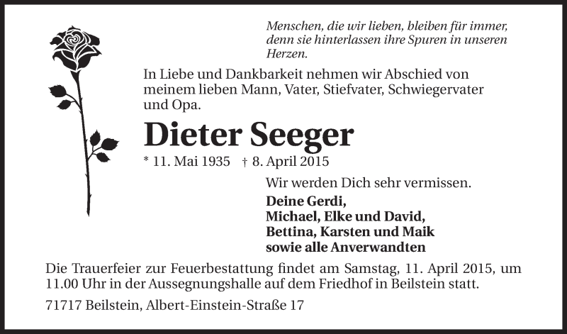  Traueranzeige für Dieter Seeger vom 09.04.2015 aus 