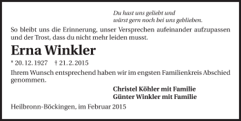 Traueranzeige von Erna Winkler 