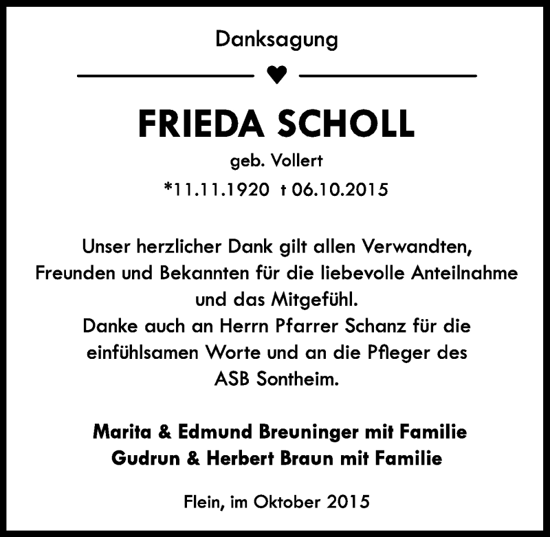  Traueranzeige für Frieda Scholl vom 30.10.2015 aus 