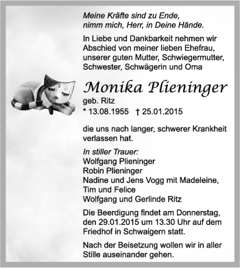 Traueranzeige von Monika Plieninger 
