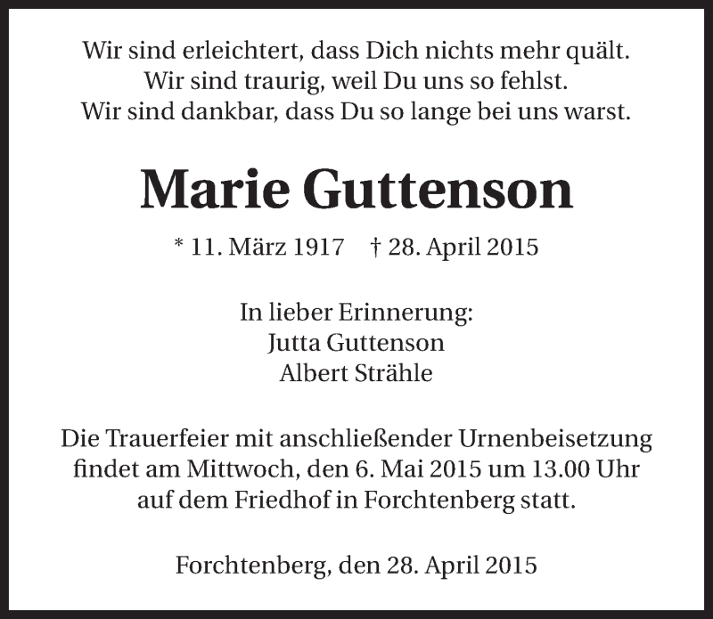  Traueranzeige für Marie Guttenson vom 04.05.2015 aus 