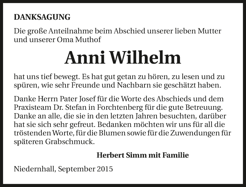  Traueranzeige für Anni Wilhelm vom 25.09.2015 aus 