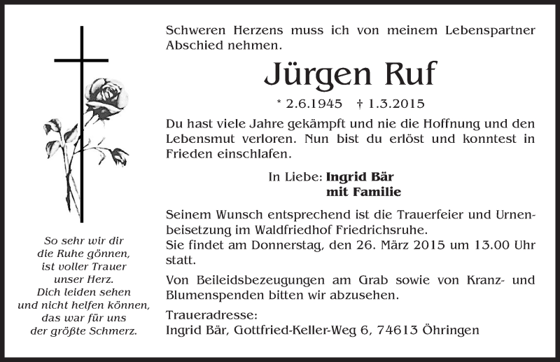  Traueranzeige für Jürgen Ruf vom 23.03.2015 aus 