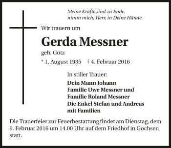 Traueranzeige von Gerda Messner 