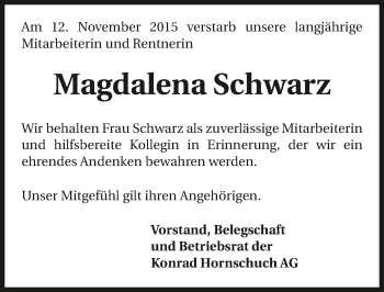 Traueranzeige von Magdalena Schwarz 