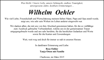 Traueranzeige von Wilhelm Oehler 