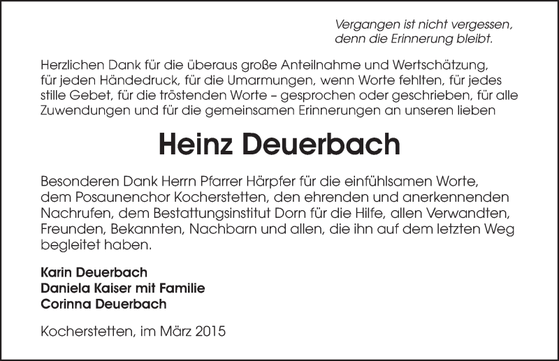  Traueranzeige für Heinz Deuerbach vom 07.03.2015 aus 