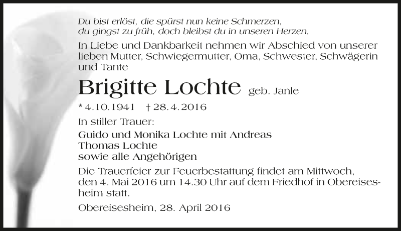  Traueranzeige für Brigitte Lochte vom 02.05.2016 aus 