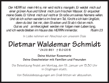 Traueranzeige von Dietmar Waldemar Schmidt 