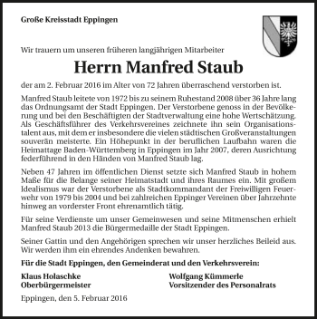Traueranzeige von Manfred Staub 