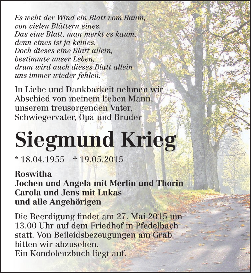  Traueranzeige für Siegmund Krieg vom 22.05.2015 aus 