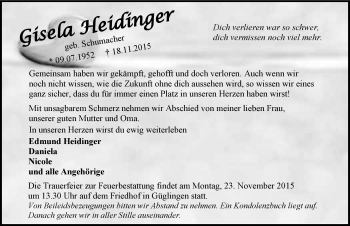Traueranzeige von Gisela Heidinger 