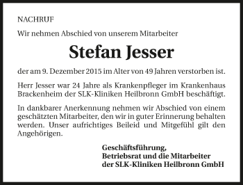 Traueranzeige von Stefan Jesser 
