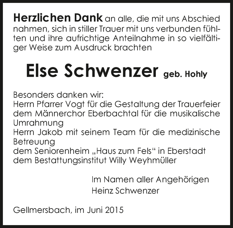  Traueranzeige für Else Schwenzer vom 10.06.2015 aus 