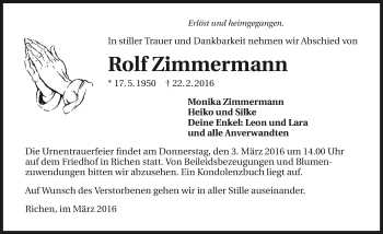 Traueranzeige von Rolf Zimmermann 