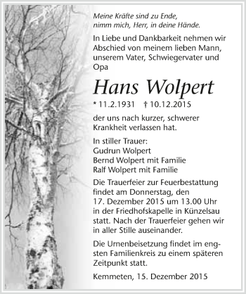 Traueranzeige von Hans Wolpert 